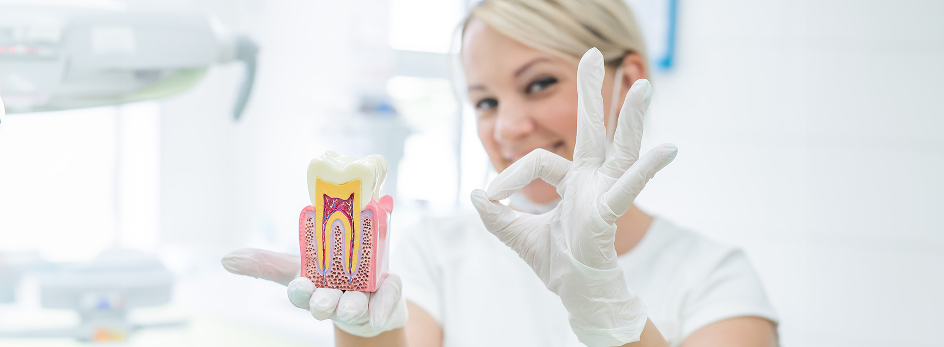 The image features a woman holding up a product with a white glove on her hand, standing behind a counter, with a focus on the item she s presenting.