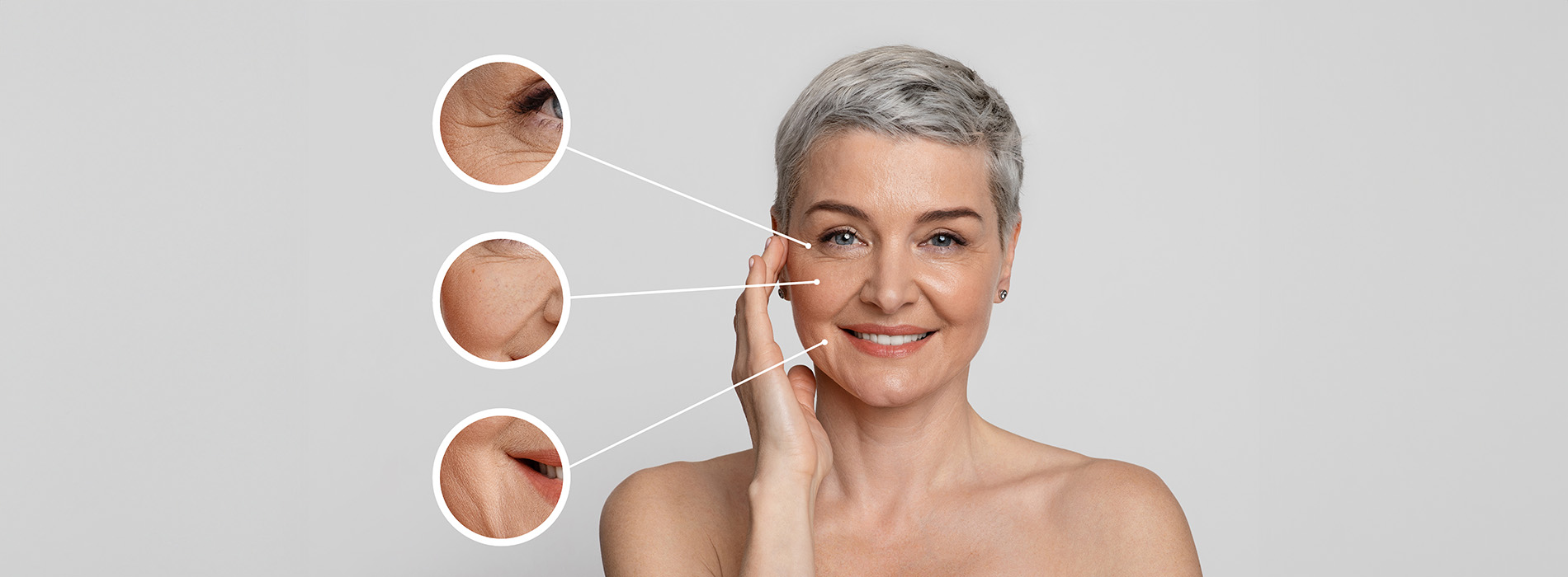 The image shows a woman with her eyes closed, highlighting her facial features such as her nose and lips, against a white background.