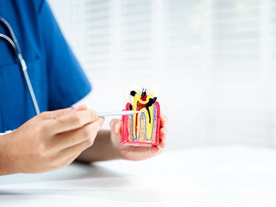 The image shows a healthcare professional holding a small, colorful object with two distinct sides, each featuring different patterns, while seated at a desk with a white surface.